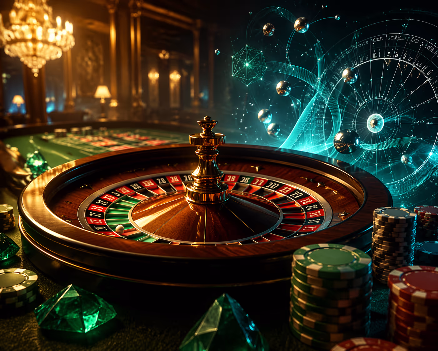 Mathematical roulette wheel with glowing probability formulas and golden chips