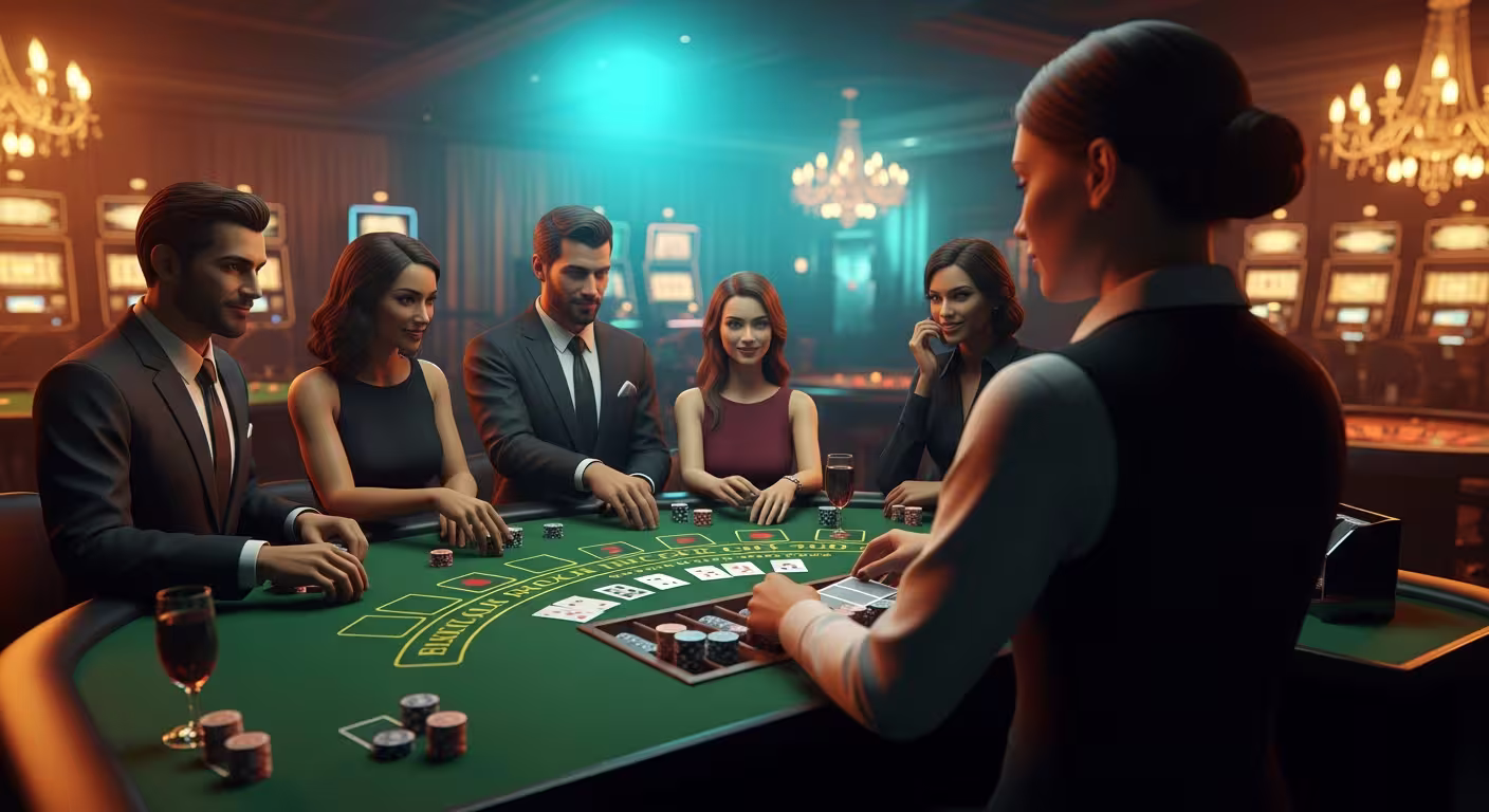 Croupier de casino en direct professionnel à une table en feutre vert avec des cartes à jouer et des jetons, vu à travers une caméra de streaming haute définition