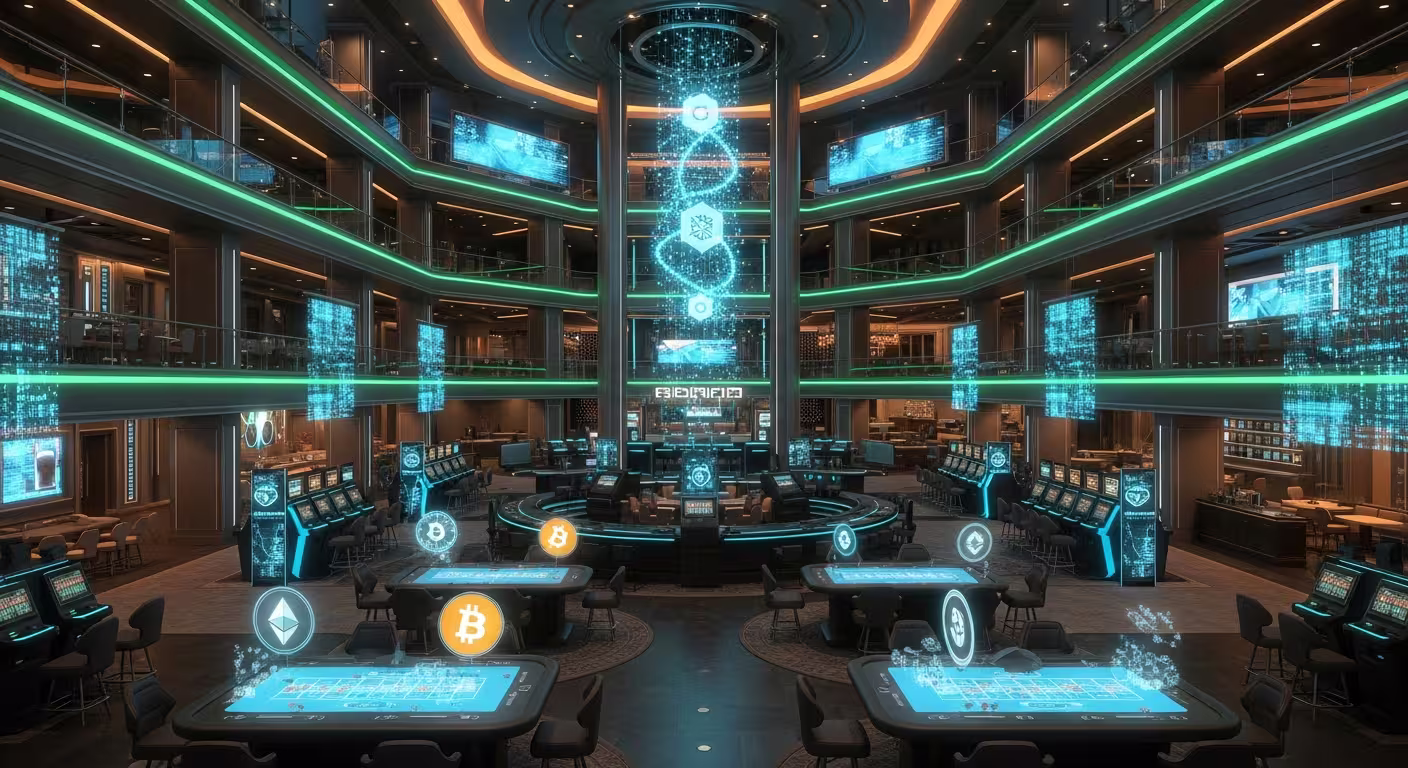 Goldene Bitcoin-Münze auf Casino-Chips mit einem leuchtenden Blockchain-Netzwerkmuster im Hintergrund, Symbol für Krypto-Glücksspiel 2026